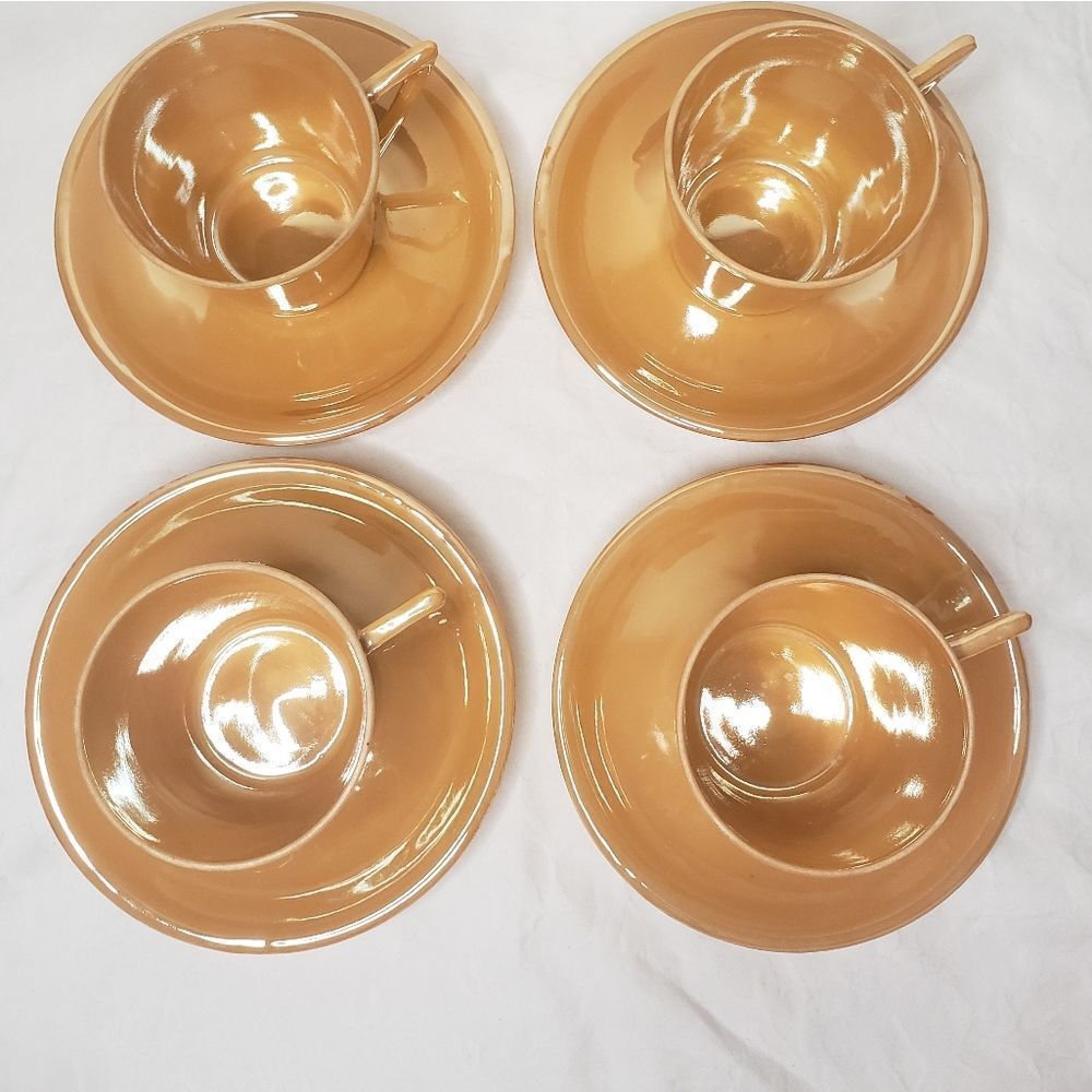 Antique Orange Lustreware Espresso Cups & Saucers Set